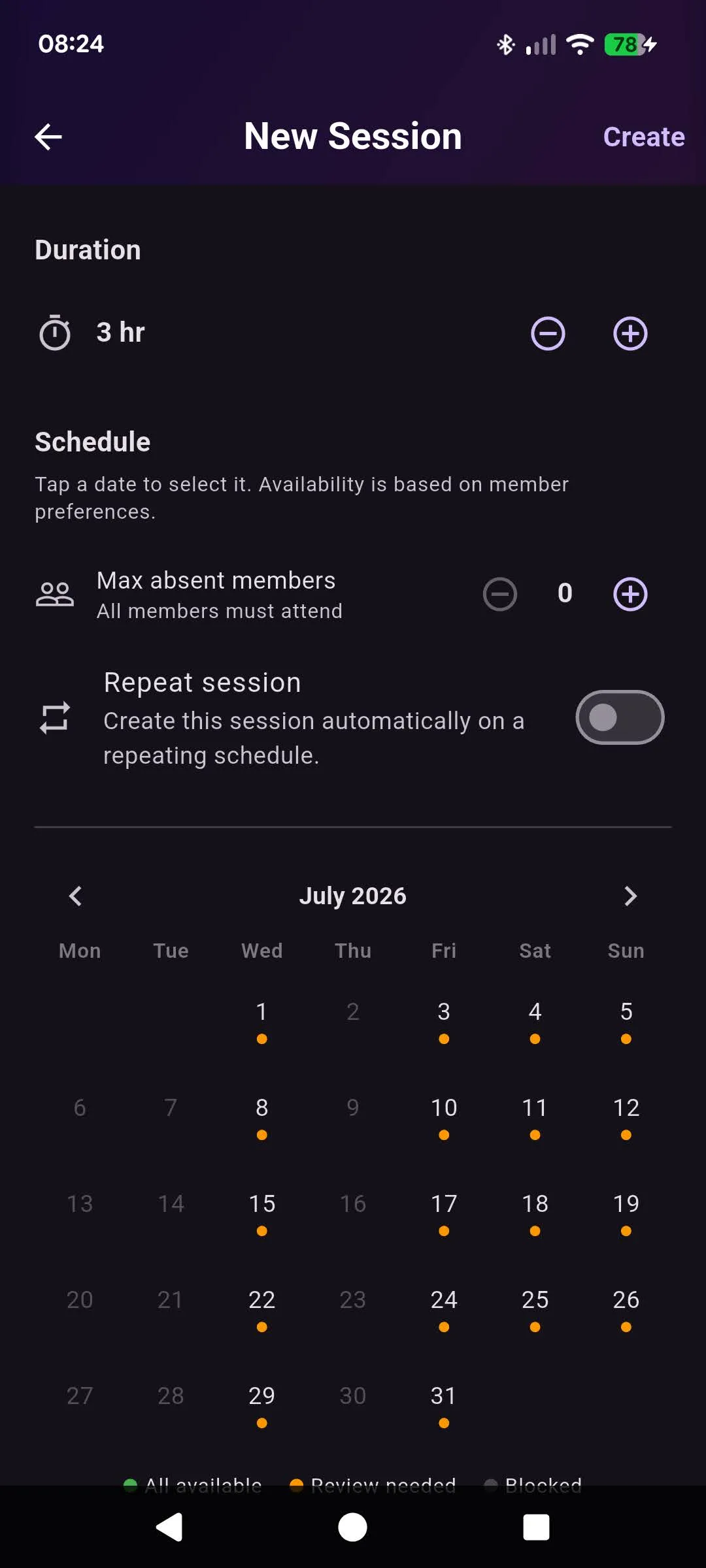 The availability calendar in Next Session